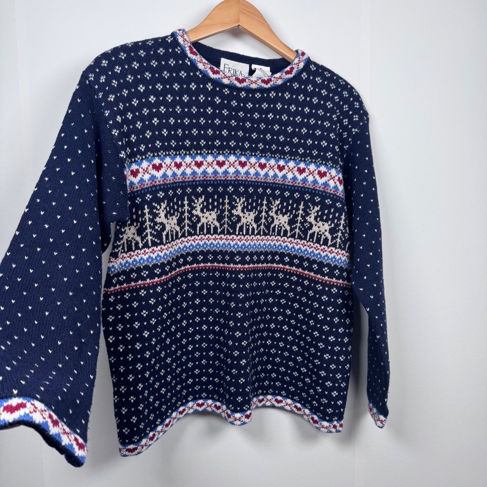 VTG Erika Fair Isle Sweater M Navy Reindeer Heart Cozy Cabin Christmas Nordic